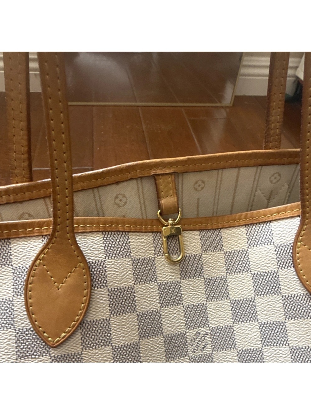 Louis Vuitton Damier Azur Neverfull Tote Beige Leather Authentic - Picture 5 of 15